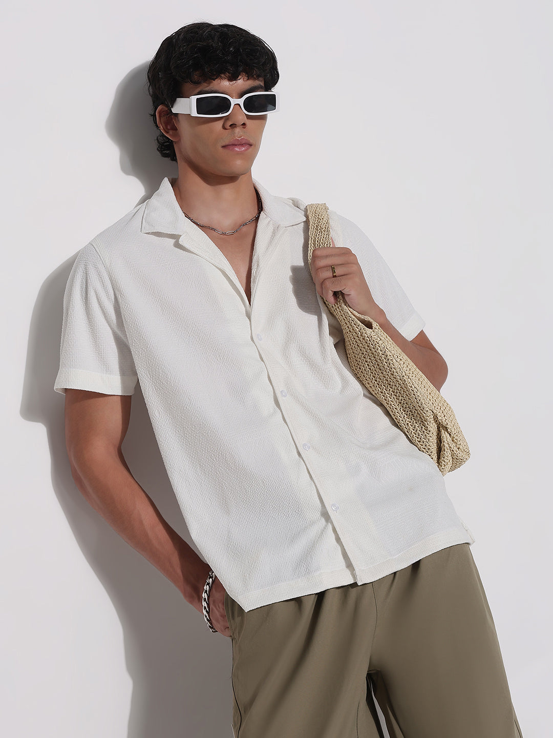 Men's White Cuban Collar Relaxed Fit Shirt