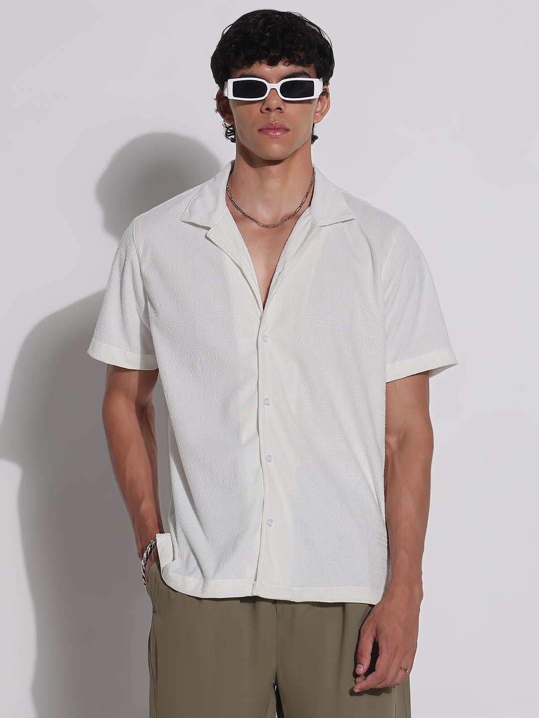 Men's White Cuban Collar Relaxed Fit Shirt