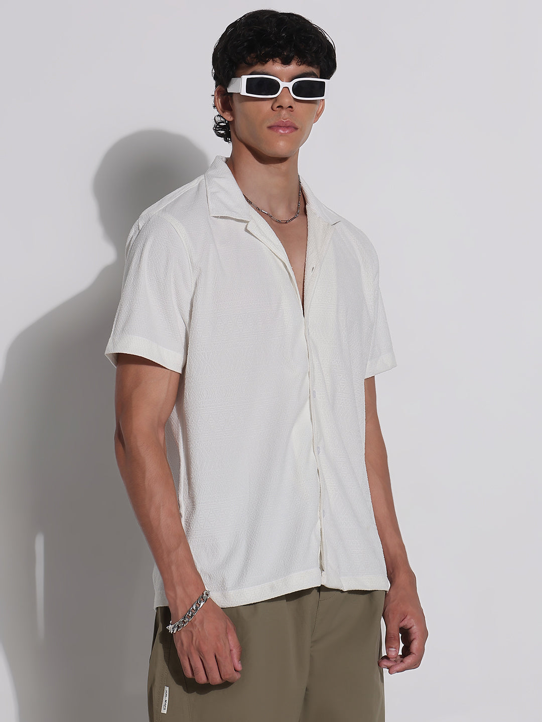 Men's White Cuban Collar Relaxed Fit Shirt