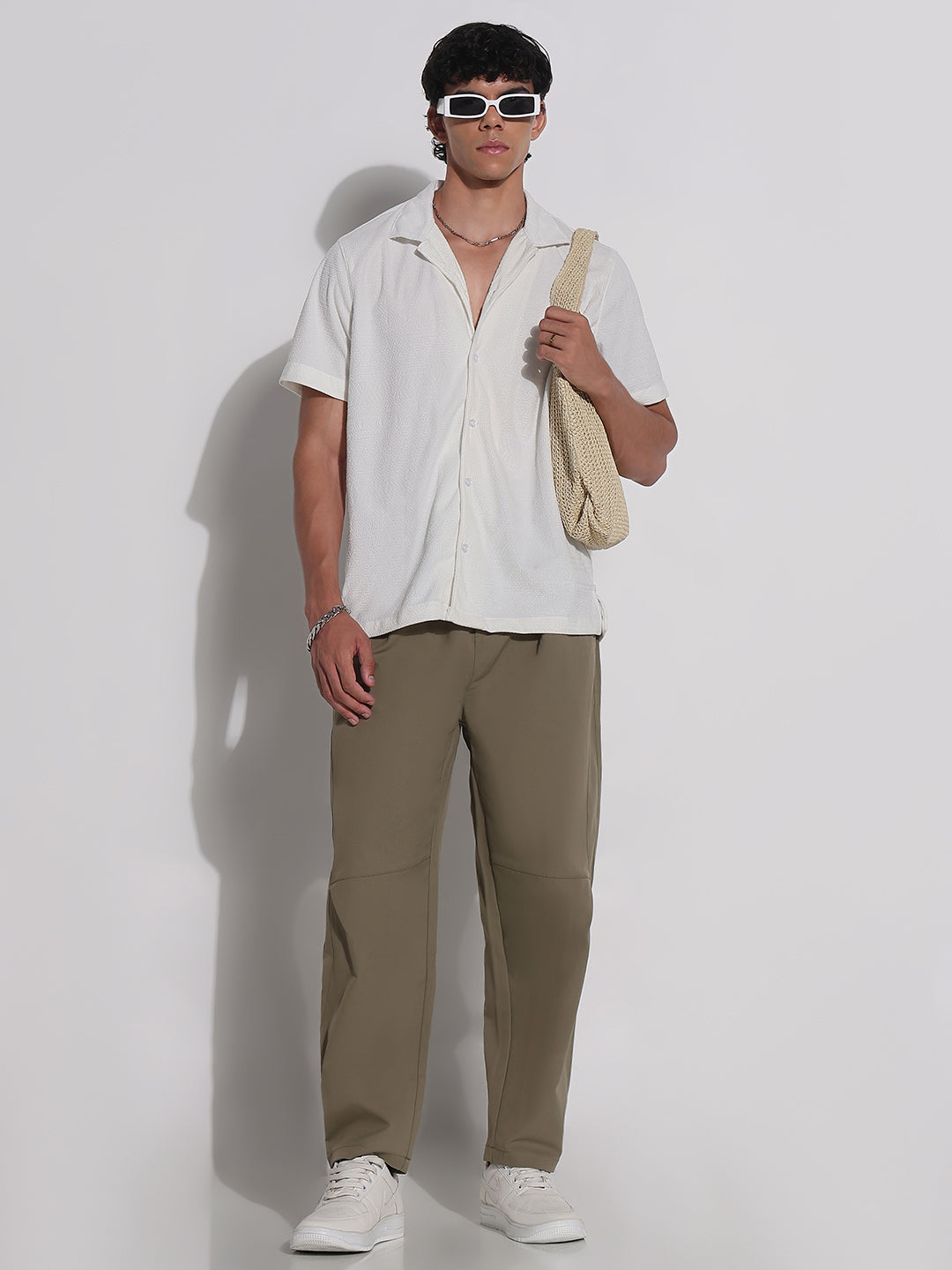 Men's White Cuban Collar Relaxed Fit Shirt