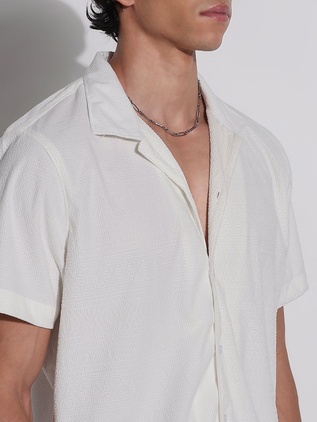 Men's White Cuban Collar Relaxed Fit Shirt