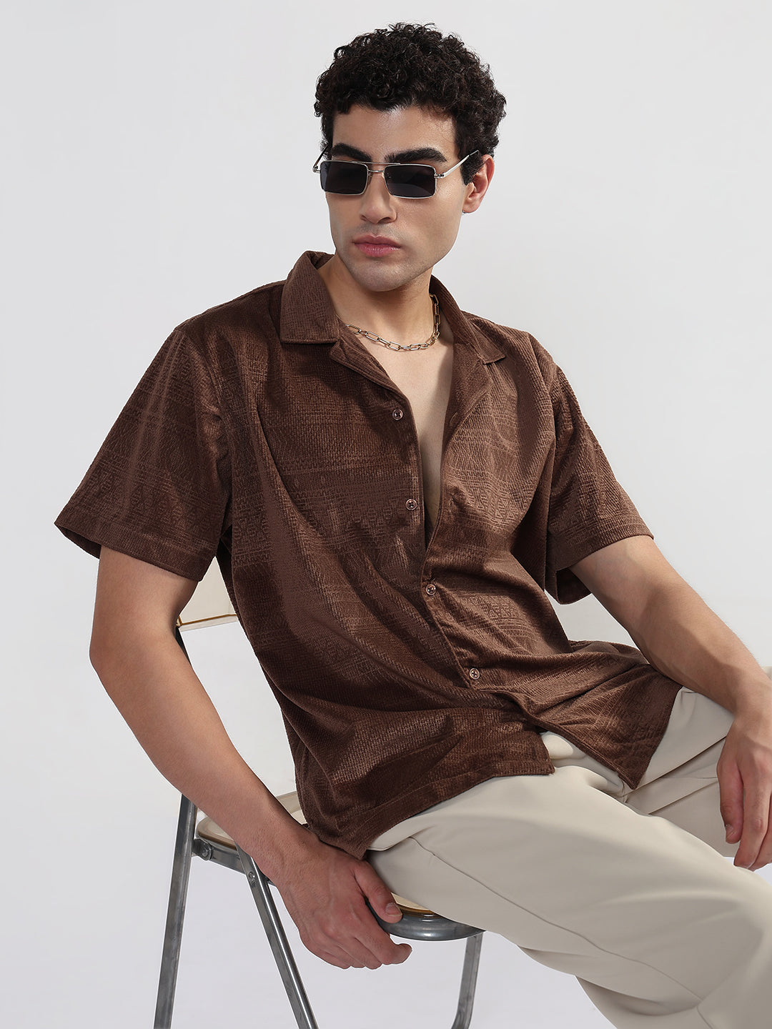 Men's Geometric Brown Cuban Collar Relaxed Fit Velvet Shirt