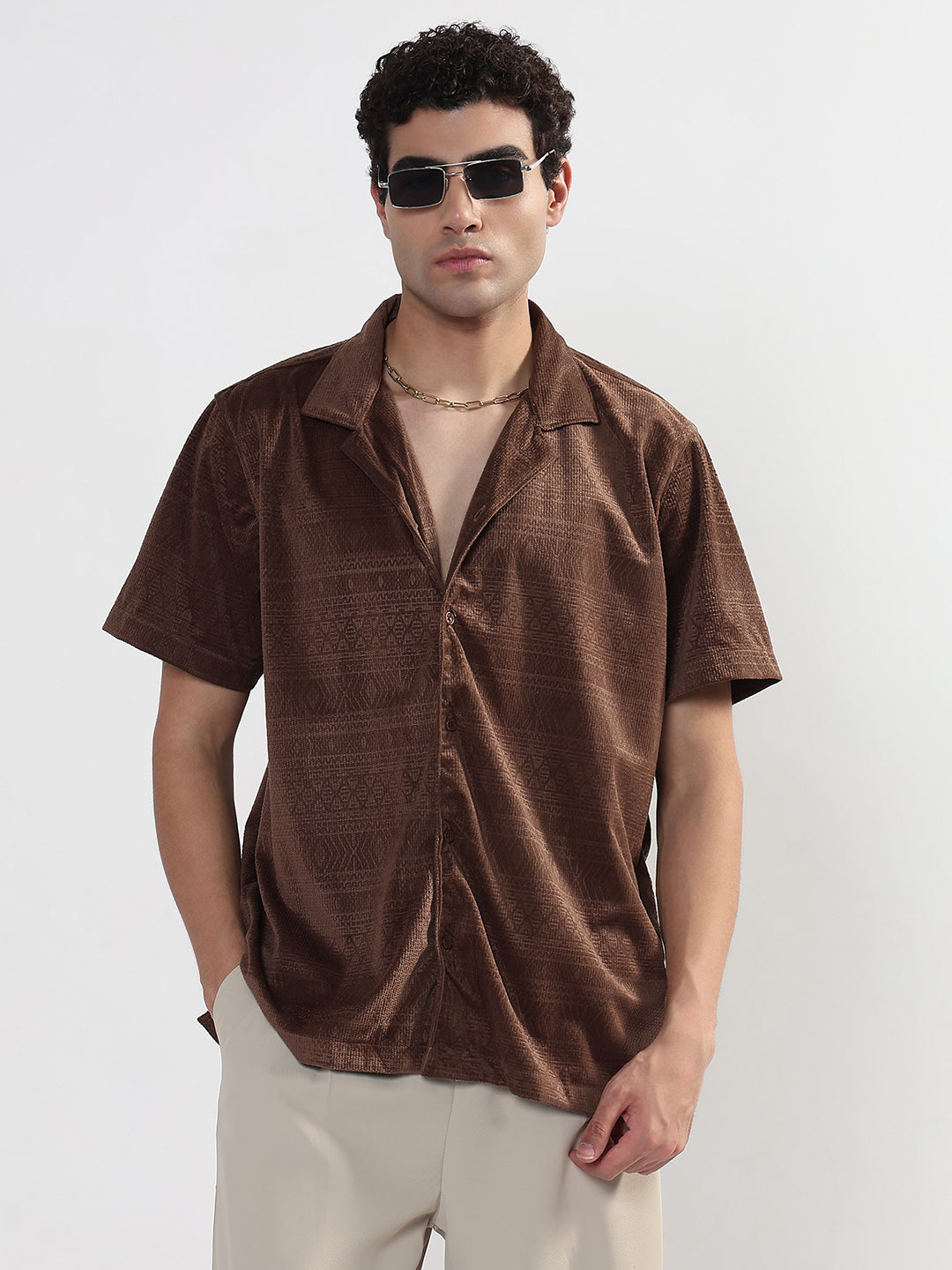 Men's Geometric Brown Cuban Collar Relaxed Fit Velvet Shirt