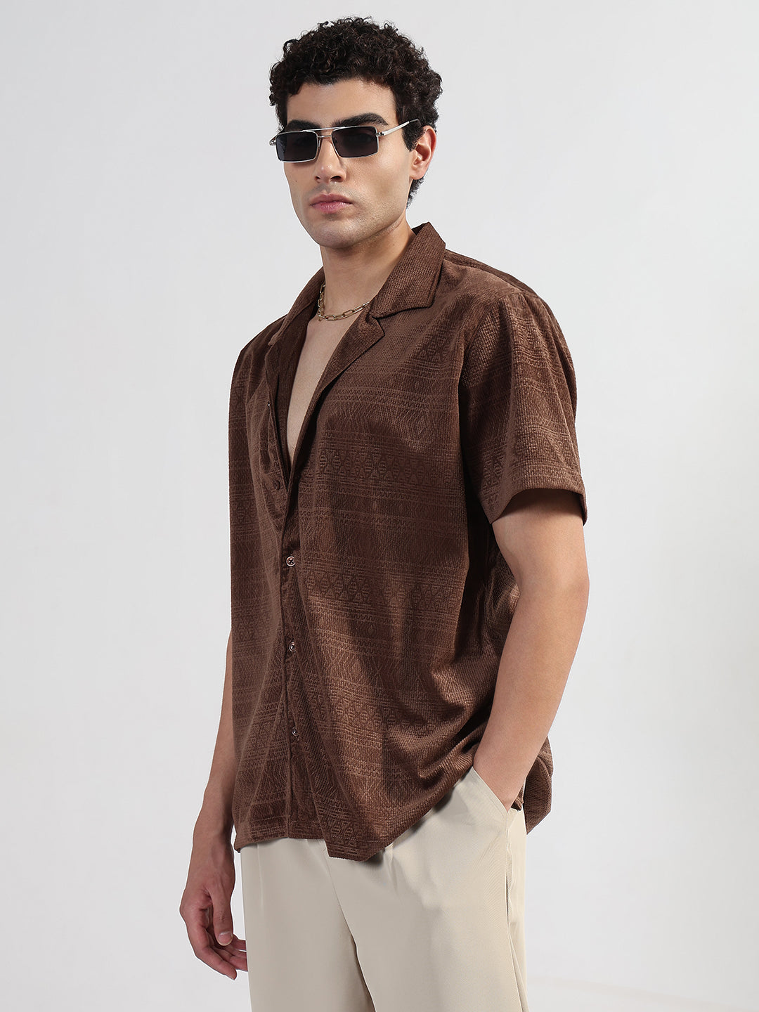 Men's Geometric Brown Cuban Collar Relaxed Fit Velvet Shirt