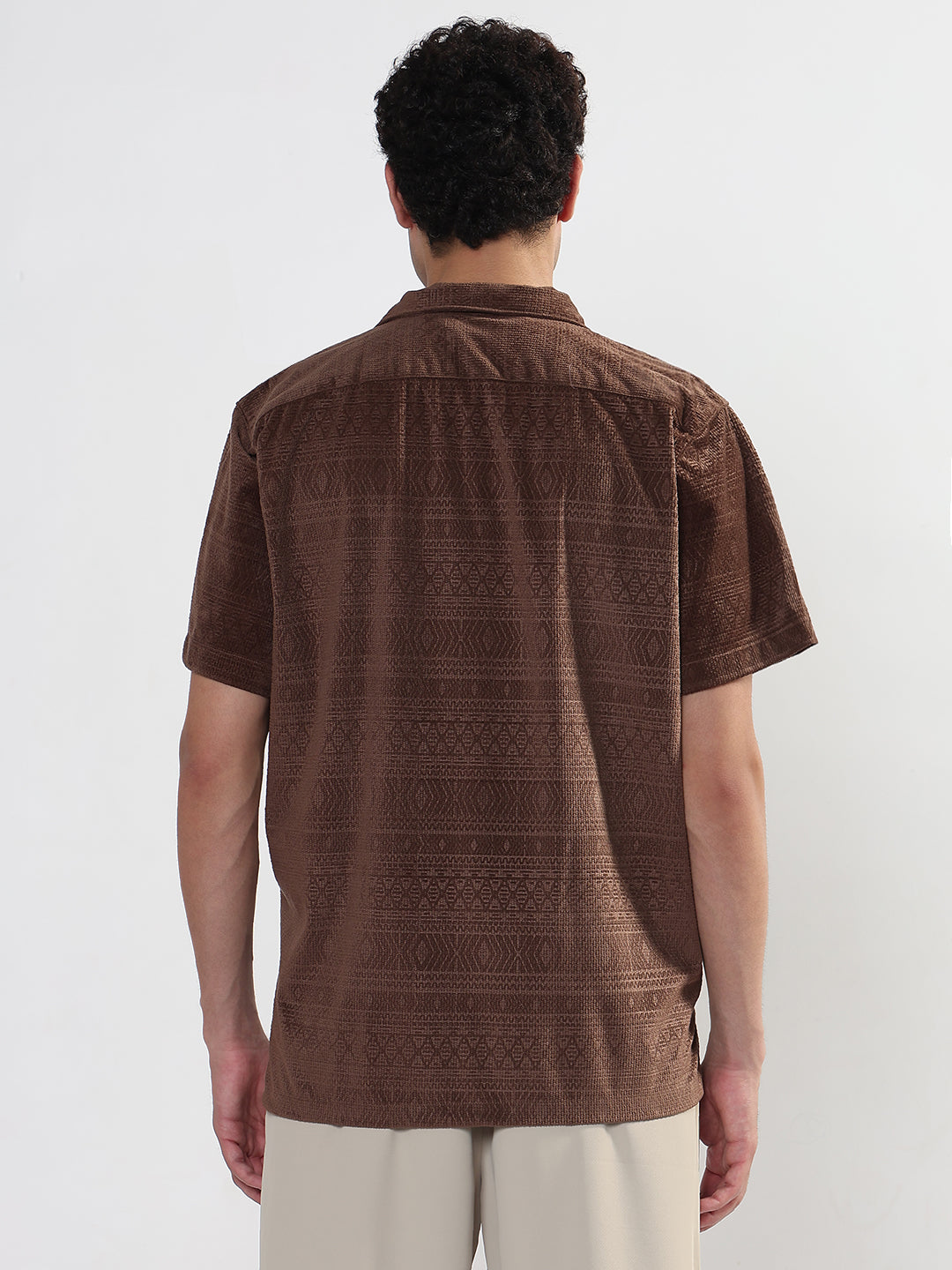 Men's Geometric Brown Cuban Collar Relaxed Fit Velvet Shirt