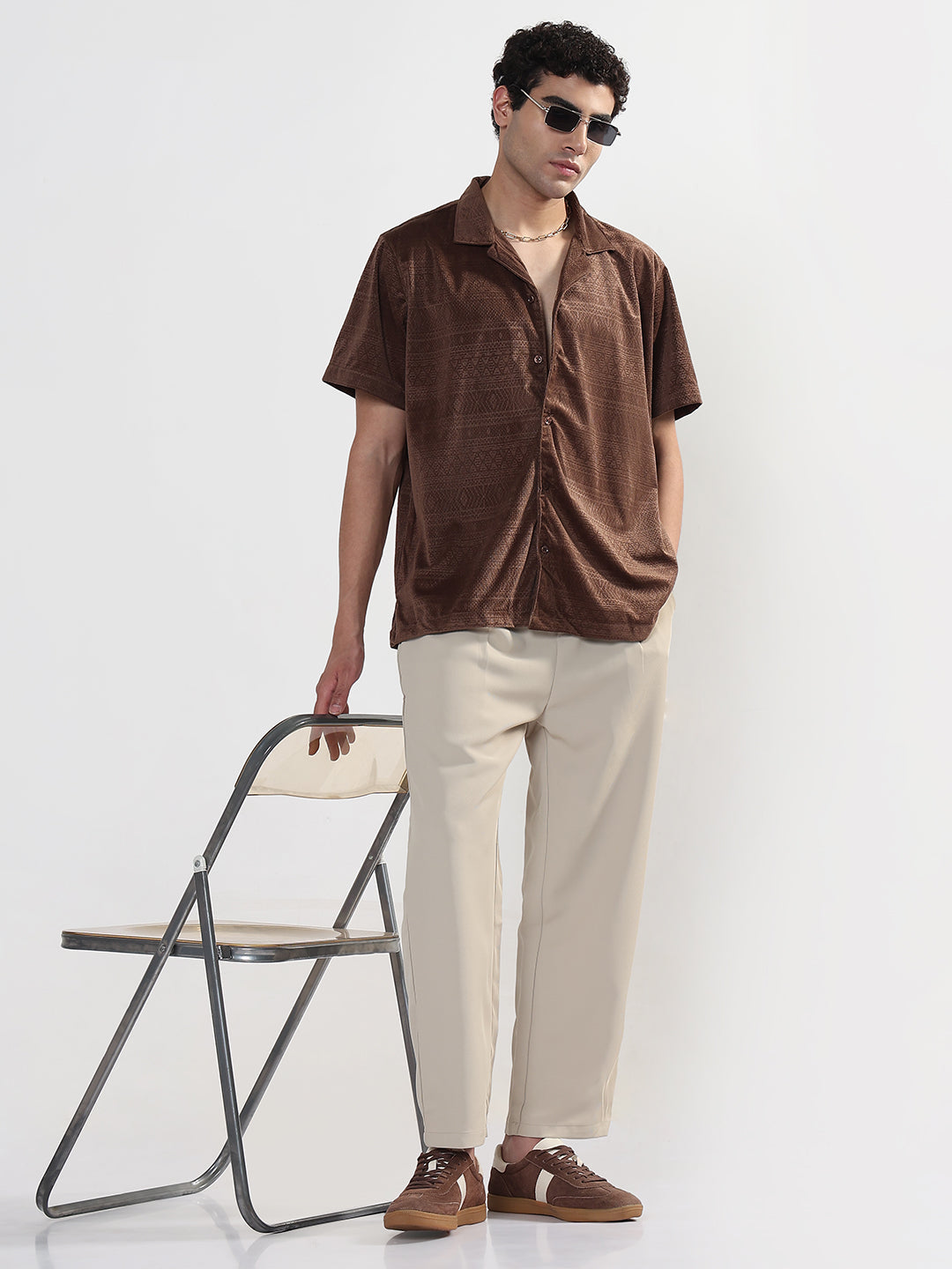 Men's Geometric Brown Cuban Collar Relaxed Fit Velvet Shirt