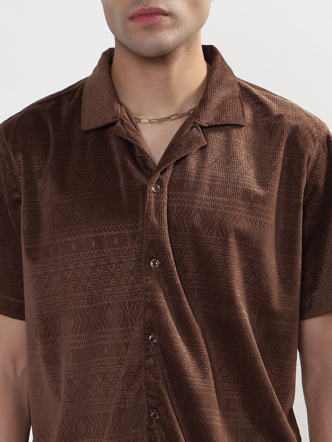 Men's Geometric Brown Cuban Collar Relaxed Fit Velvet Shirt