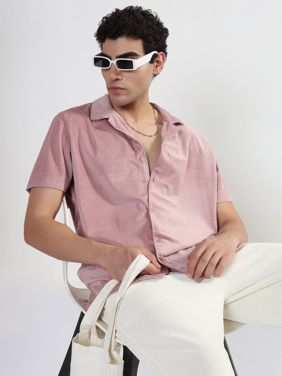 Men's Geometric Pink Cuban Collar Relaxed Fit Velvet Shirt
