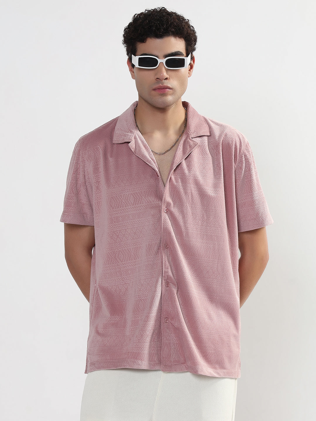 Men's Geometric Pink Cuban Collar Relaxed Fit Velvet Shirt