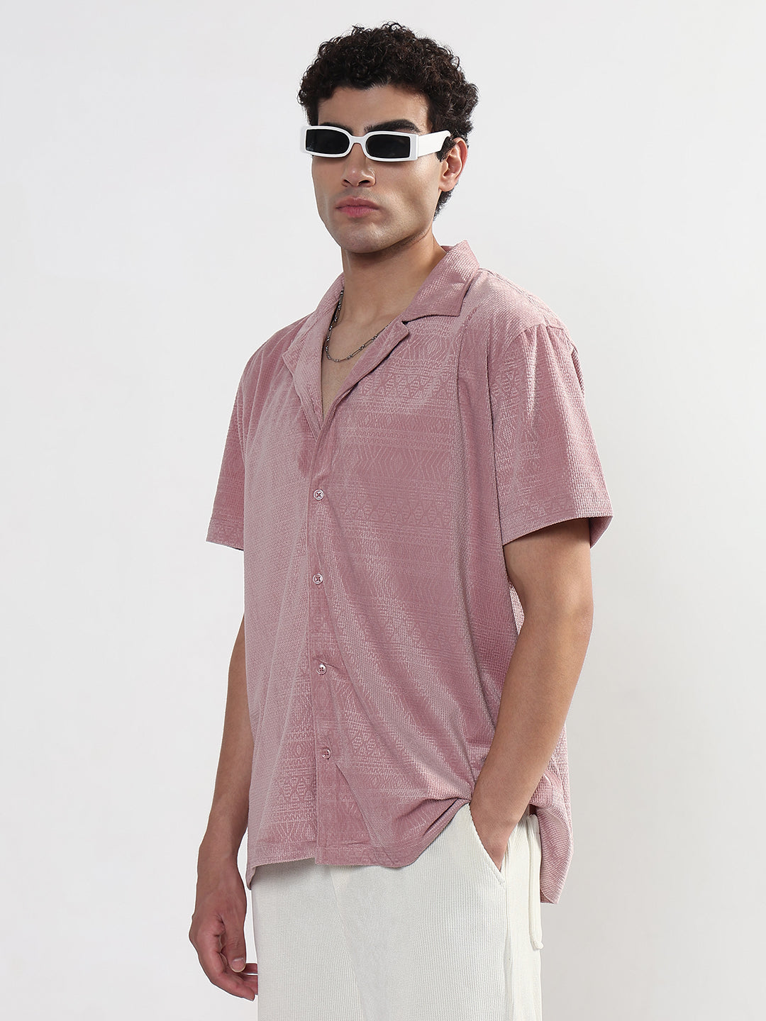 Men's Geometric Pink Cuban Collar Relaxed Fit Velvet Shirt