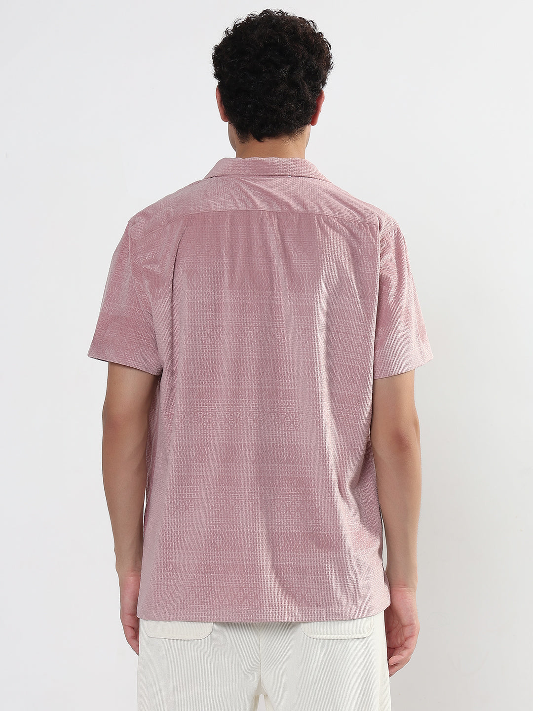 Men's Geometric Pink Cuban Collar Relaxed Fit Velvet Shirt