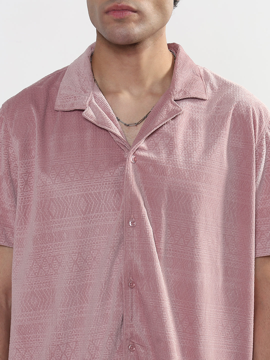 Men's Geometric Pink Cuban Collar Relaxed Fit Velvet Shirt