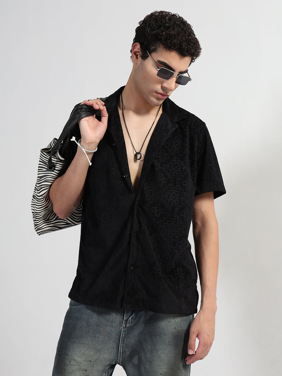 Men's Geometric Black Cuban Collar Relaxed Fit Velvet Shirt
