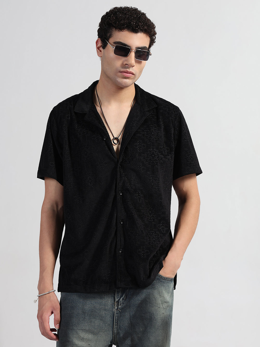 Men's Geometric Black Cuban Collar Relaxed Fit Velvet Shirt
