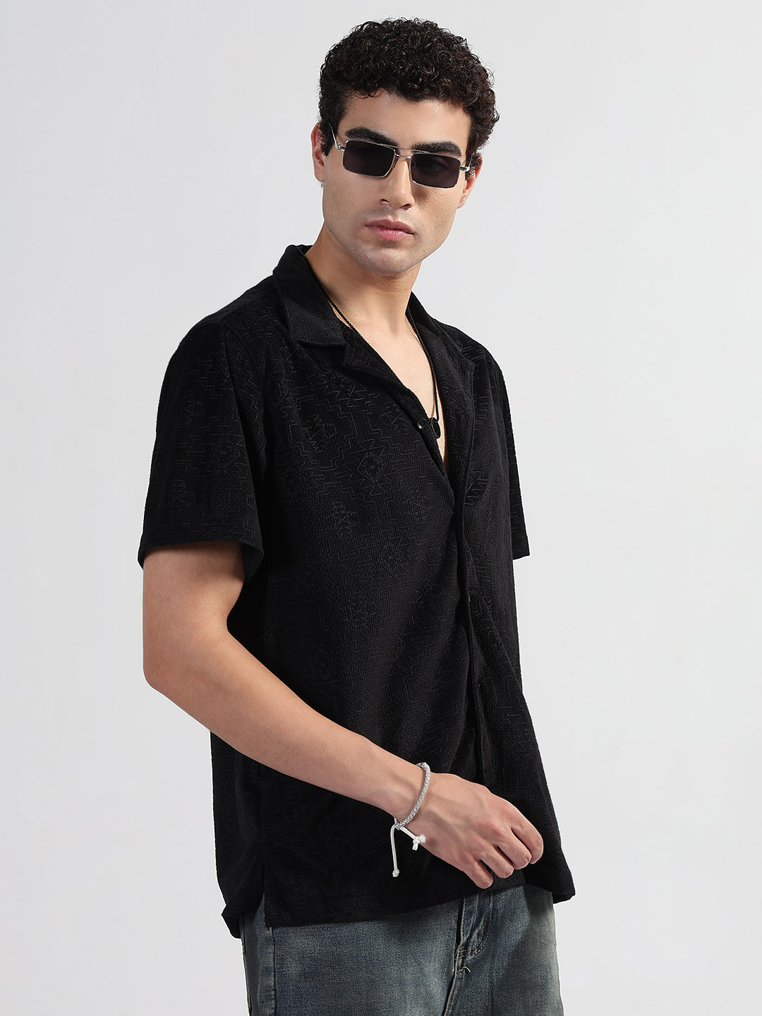 Men's Geometric Black Cuban Collar Relaxed Fit Velvet Shirt
