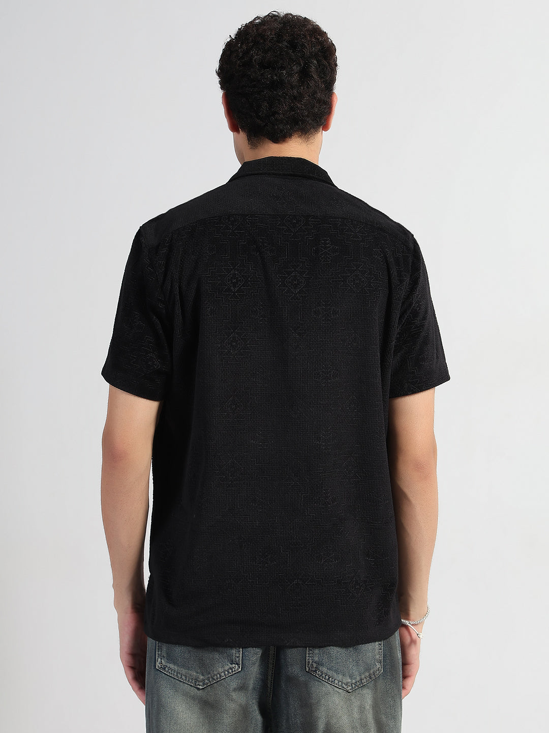 Men's Geometric Black Cuban Collar Relaxed Fit Velvet Shirt