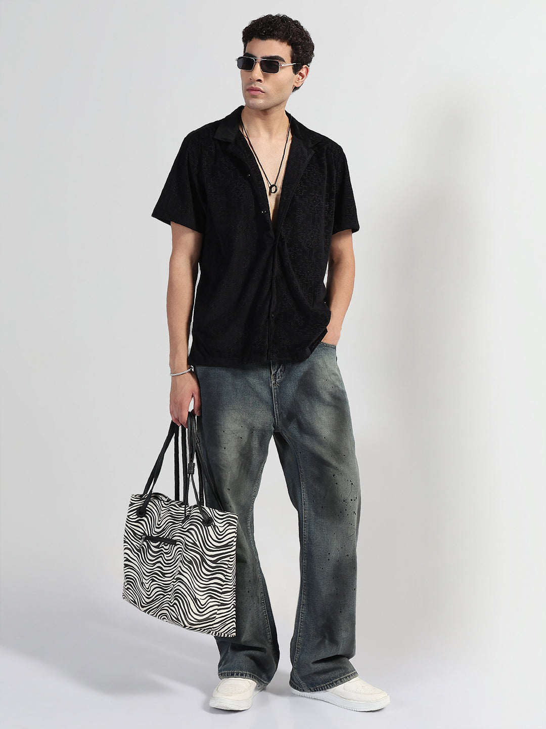 Men's Geometric Black Cuban Collar Relaxed Fit Velvet Shirt