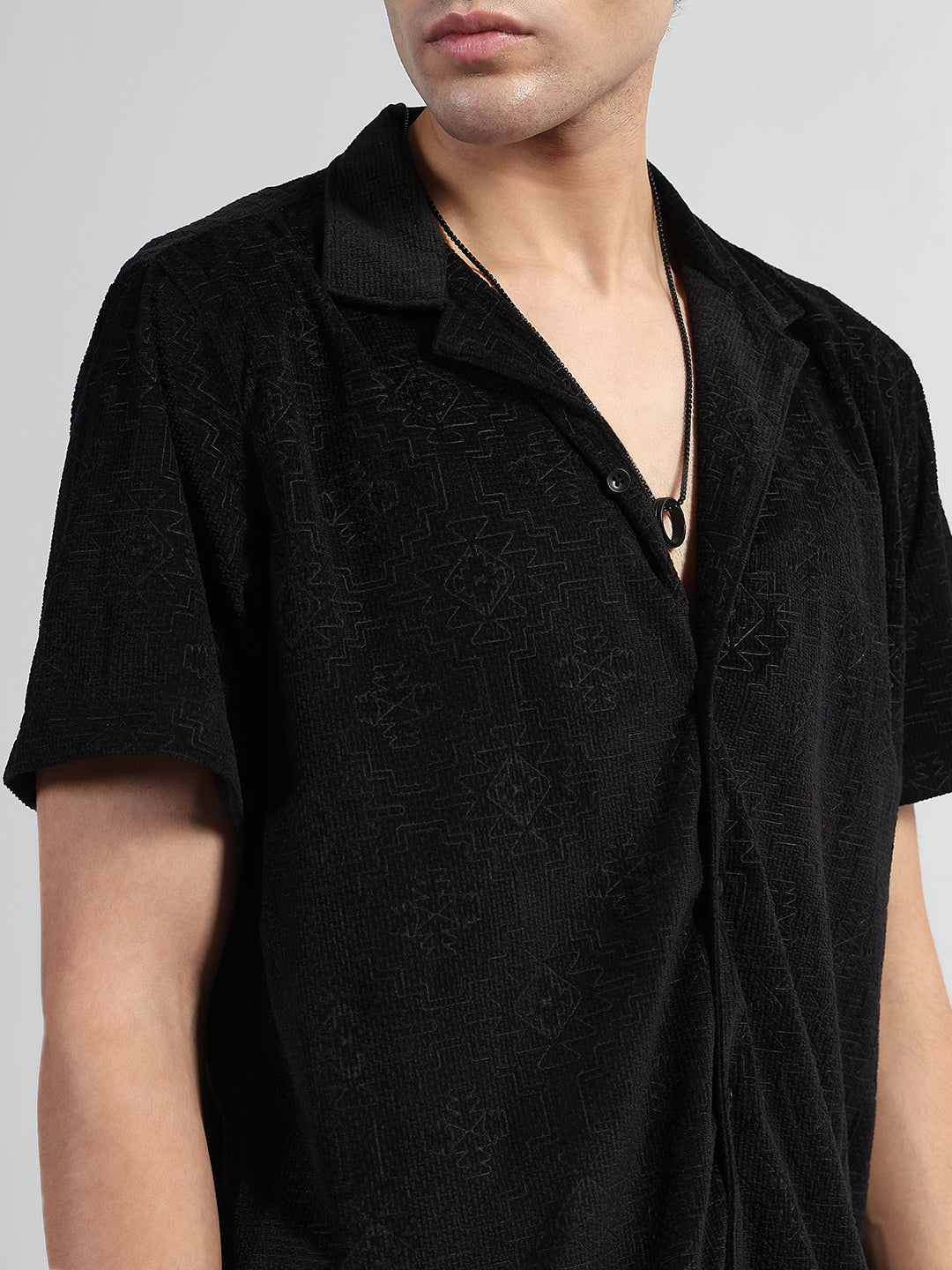 Men's Geometric Black Cuban Collar Relaxed Fit Velvet Shirt