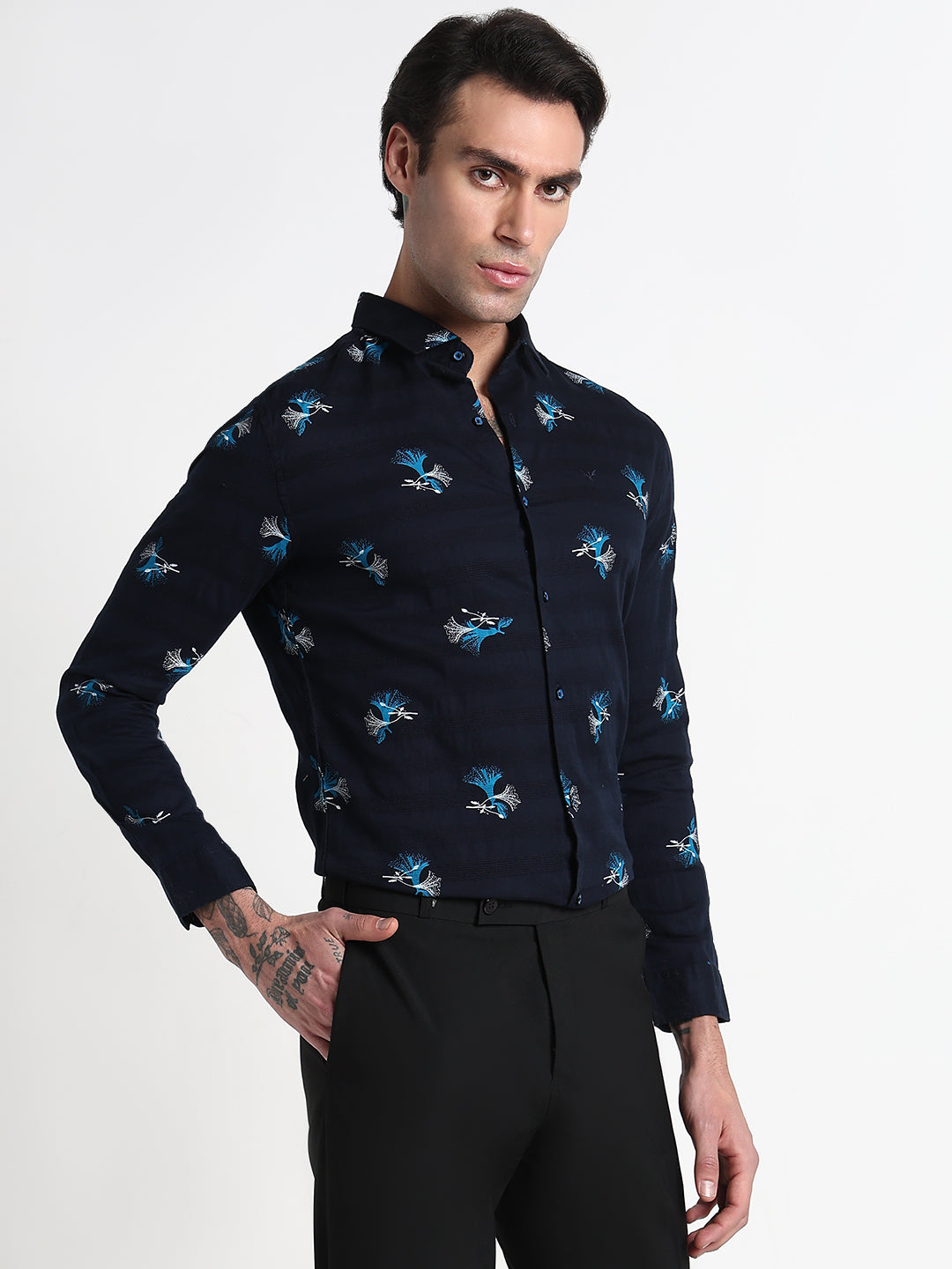 Men's Navy Blue Printed Floral Slim Fit Formal Shirt