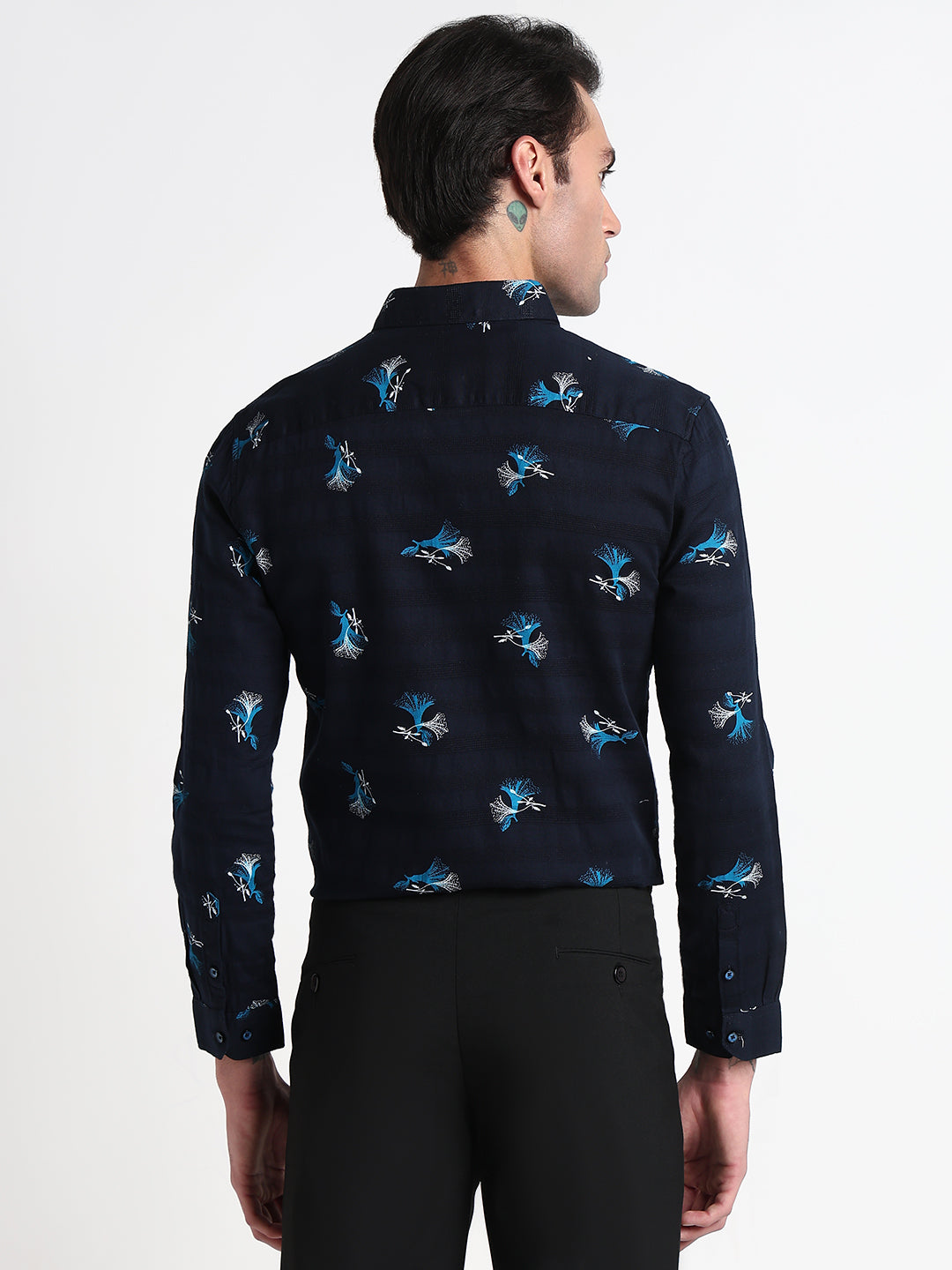 Men's Navy Blue Printed Floral Slim Fit Formal Shirt