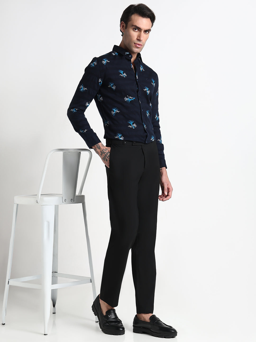 Men's Navy Blue Printed Floral Slim Fit Formal Shirt