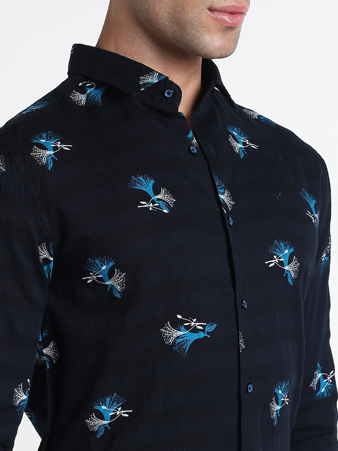 Men's Navy Blue Printed Floral Slim Fit Formal Shirt