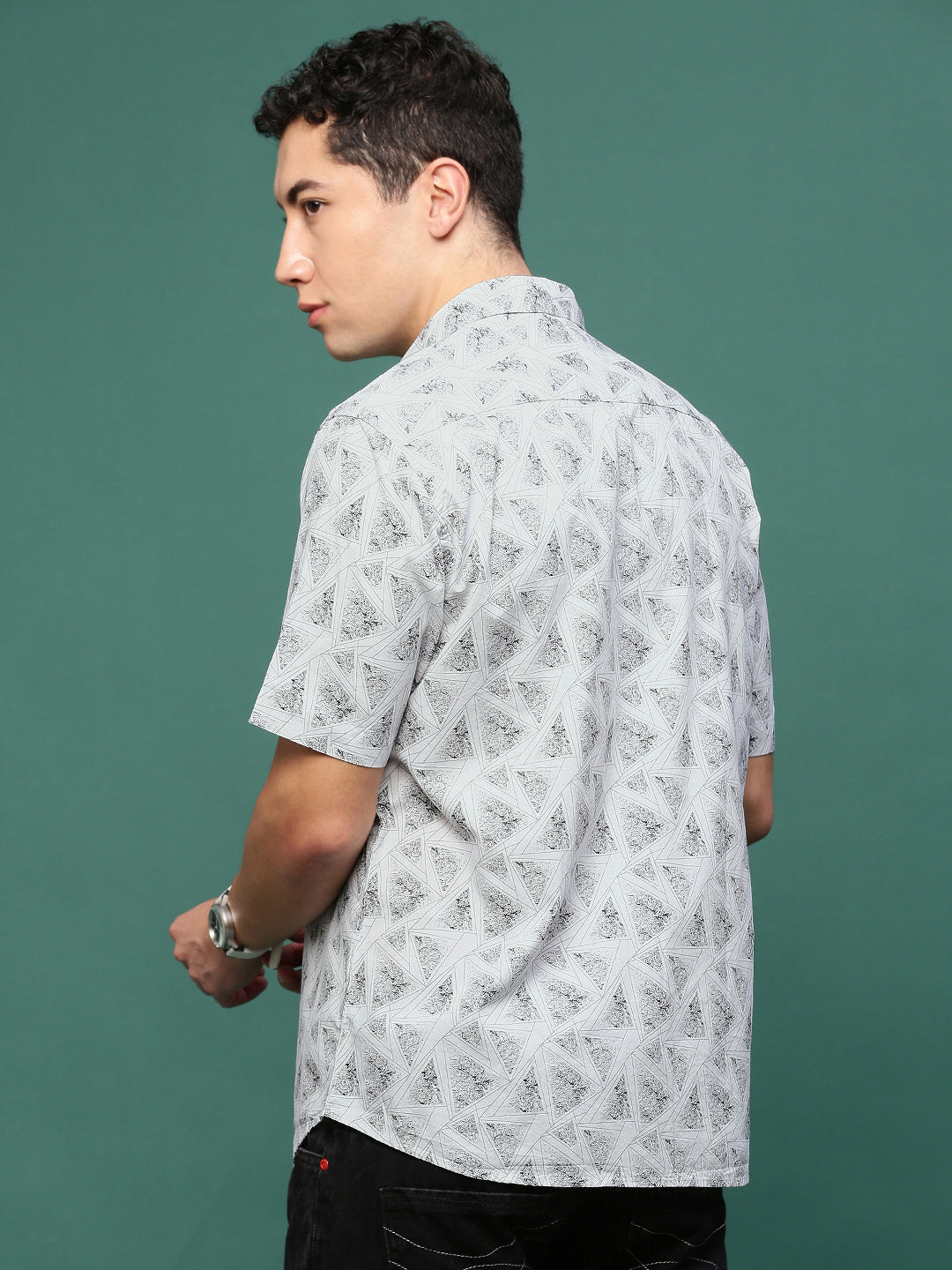 Men White Geometric Slim Fit Shirt