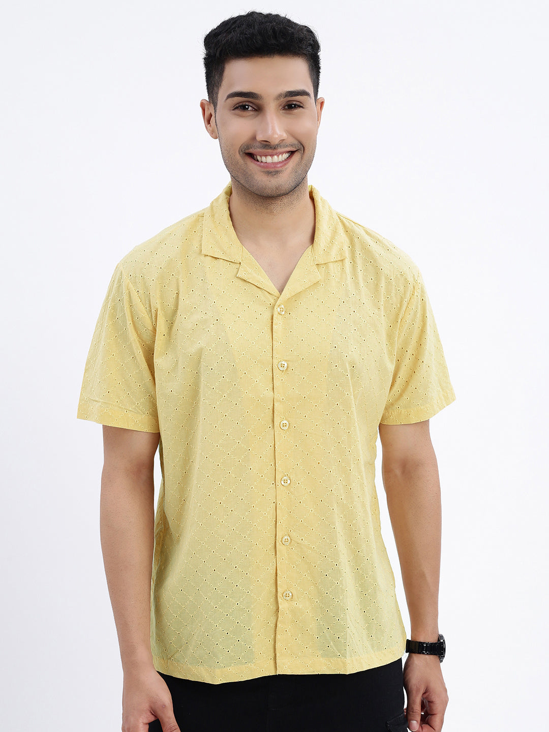 Men Yellow Cuban Collar Solid Shirt