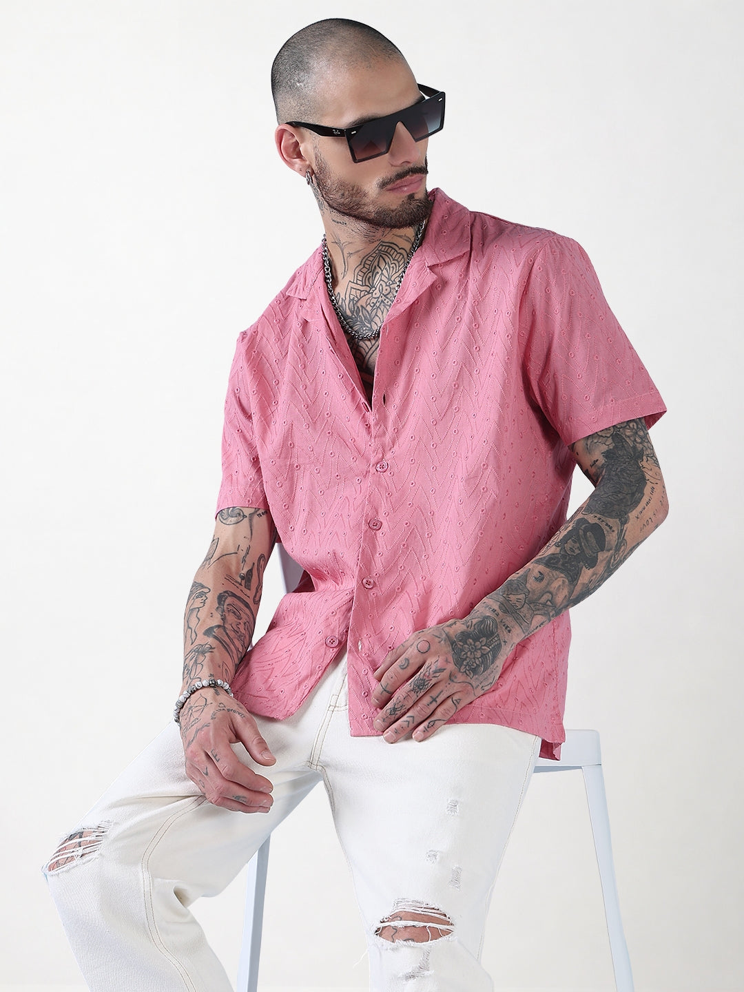 Men's Pink Embroidered Cuban Collar Relaxed Fit Shirt
