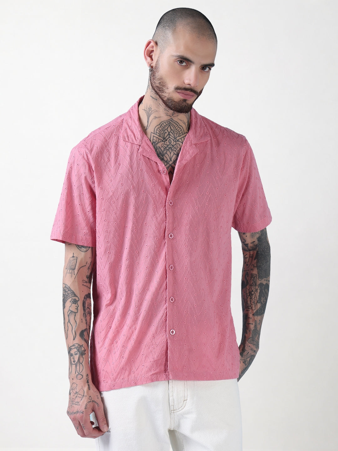 Men's Pink Embroidered Cuban Collar Relaxed Fit Shirt