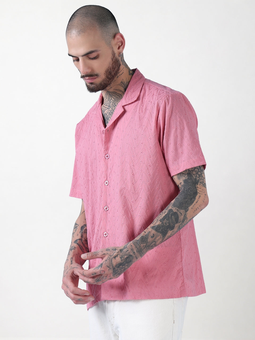 Men's Pink Embroidered Cuban Collar Relaxed Fit Shirt
