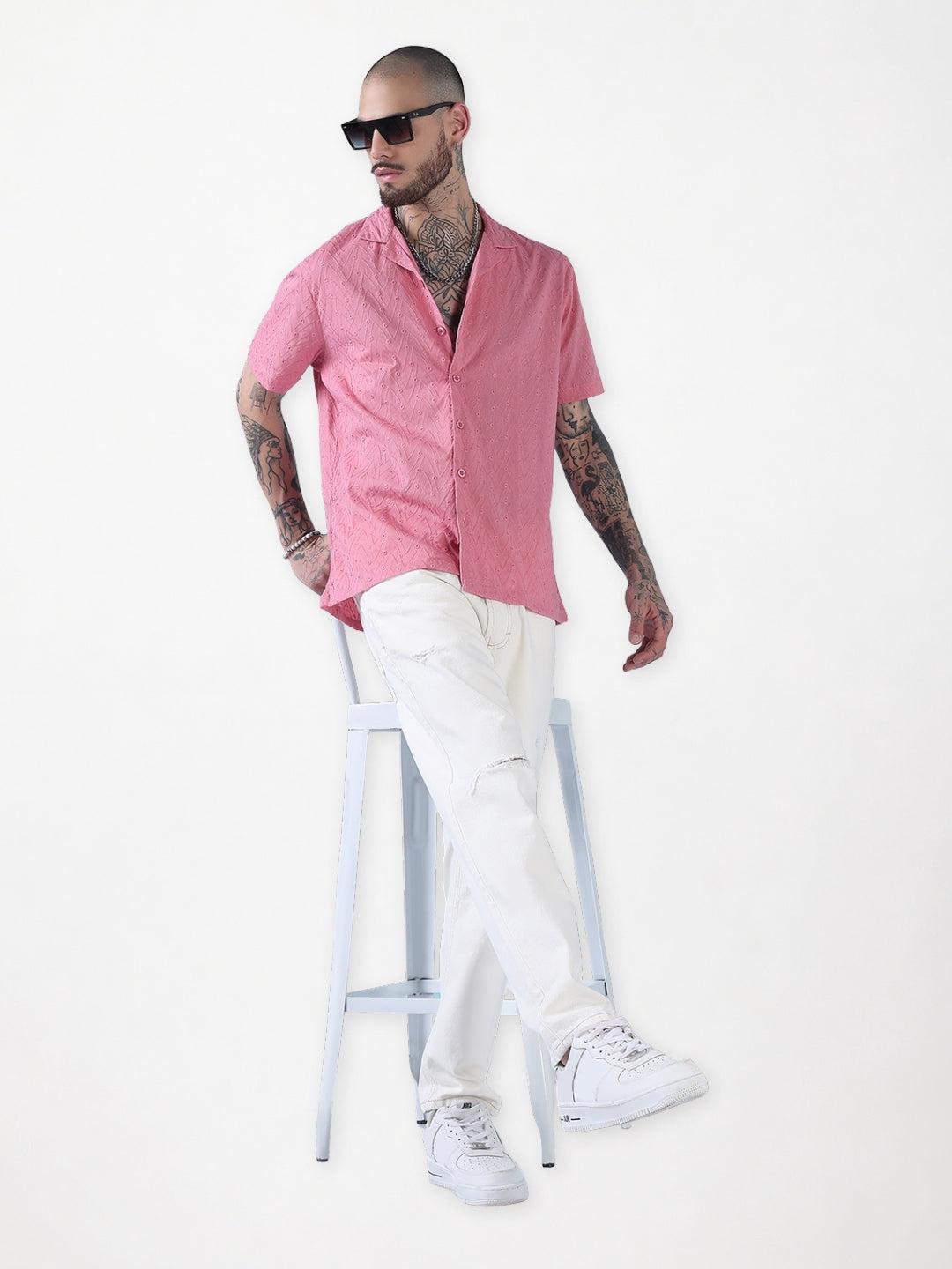 Men's Pink Embroidered Cuban Collar Relaxed Fit Shirt