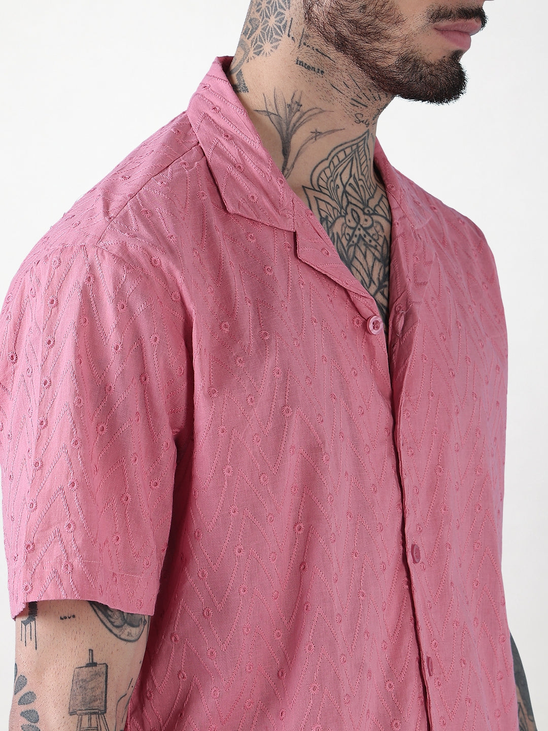 Men's Pink Embroidered Cuban Collar Relaxed Fit Shirt