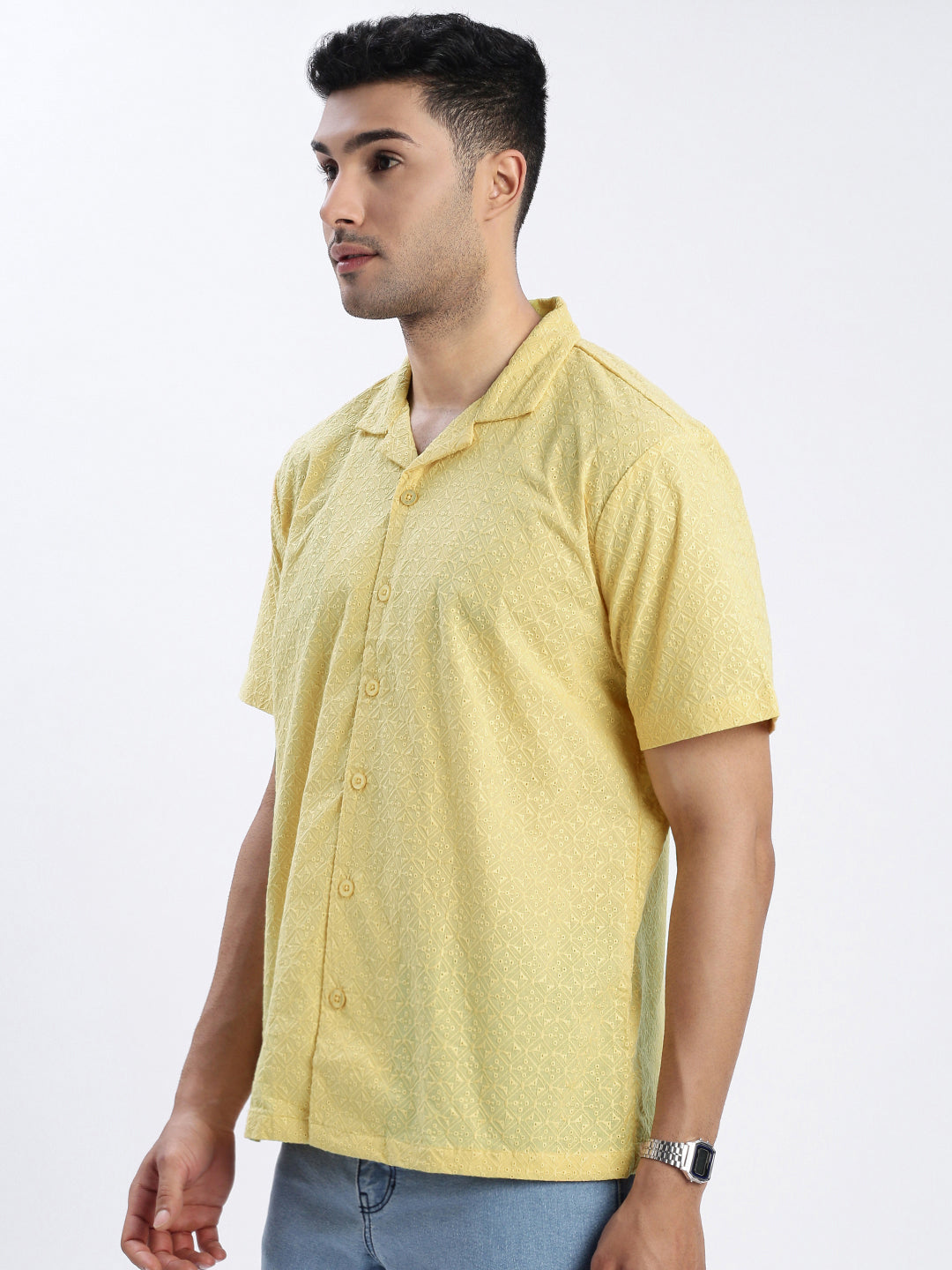 Men Yellow Cuban Collar Solid Shirt