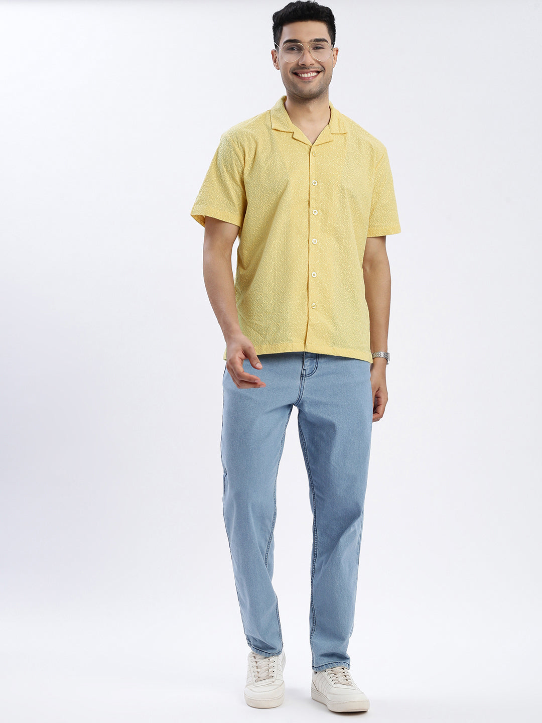 Men Yellow Cuban Collar Solid Shirt