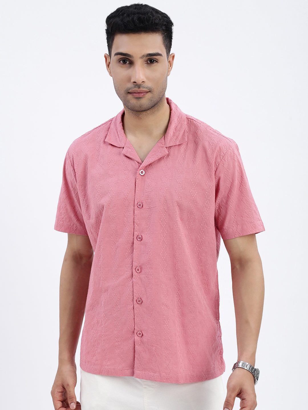 Men Pink Cuban Collar Solid Shirt