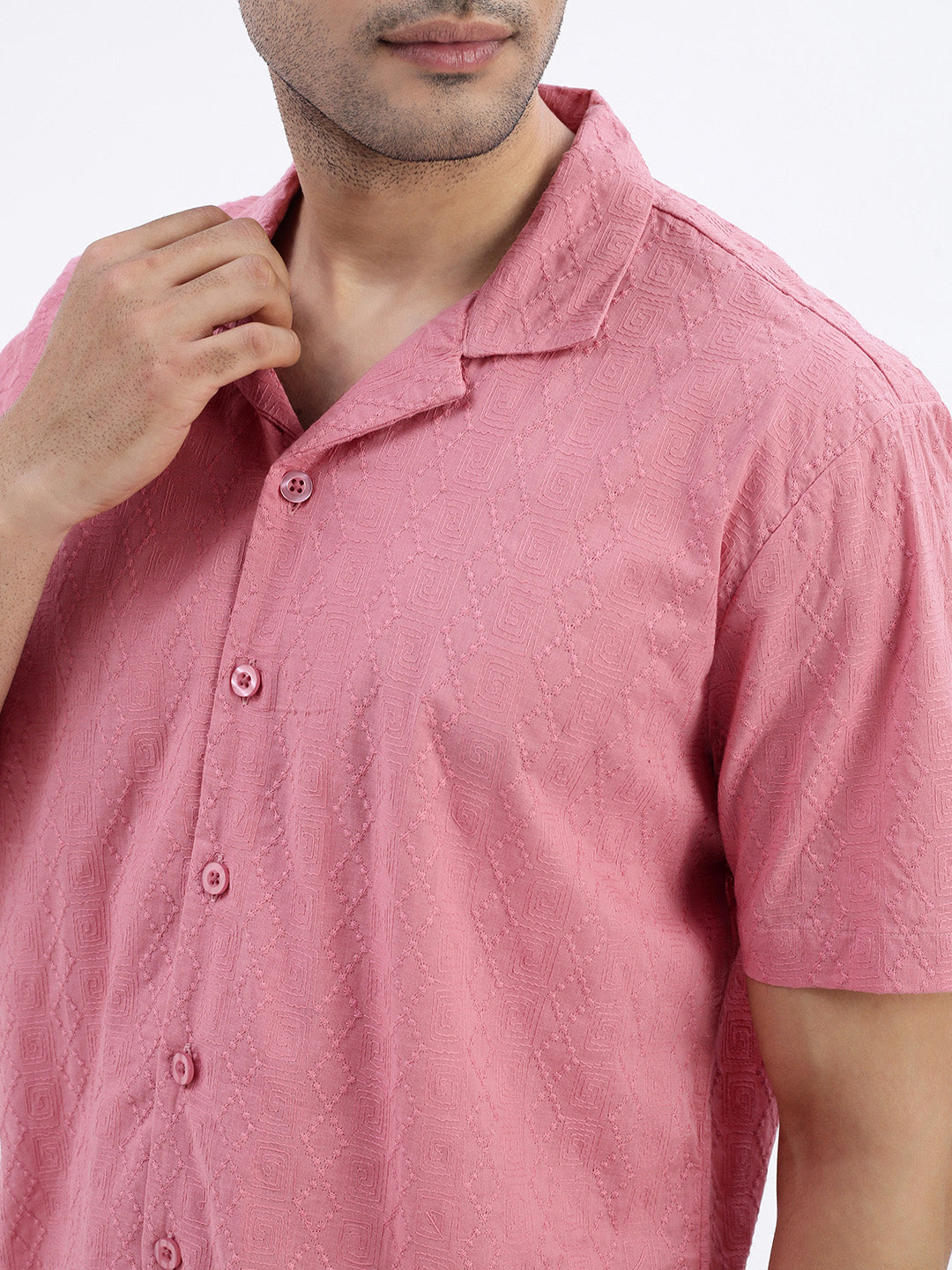 Men Pink Cuban Collar Solid Shirt