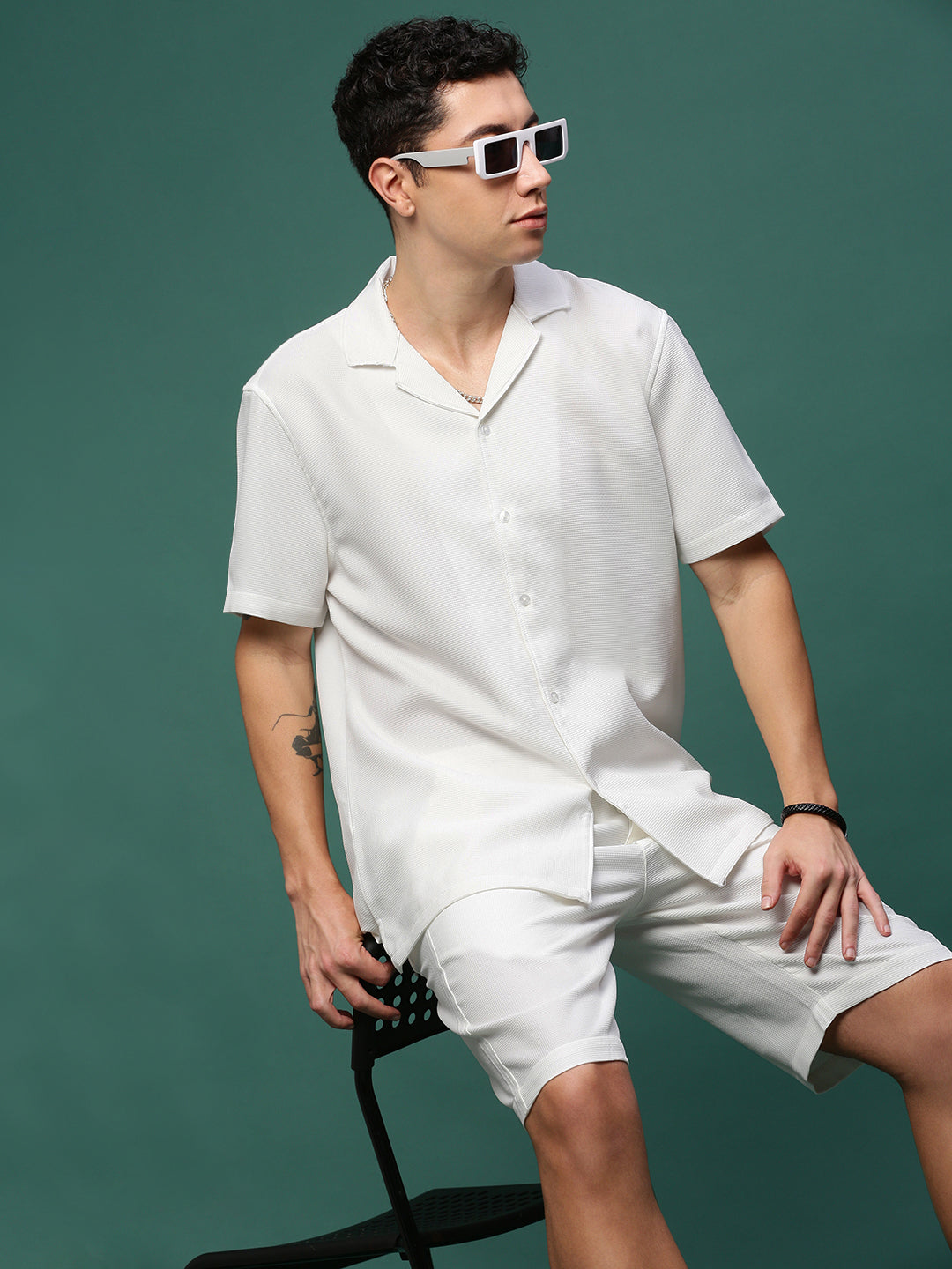 Men White Cuban Collar Solid Co Ords Set