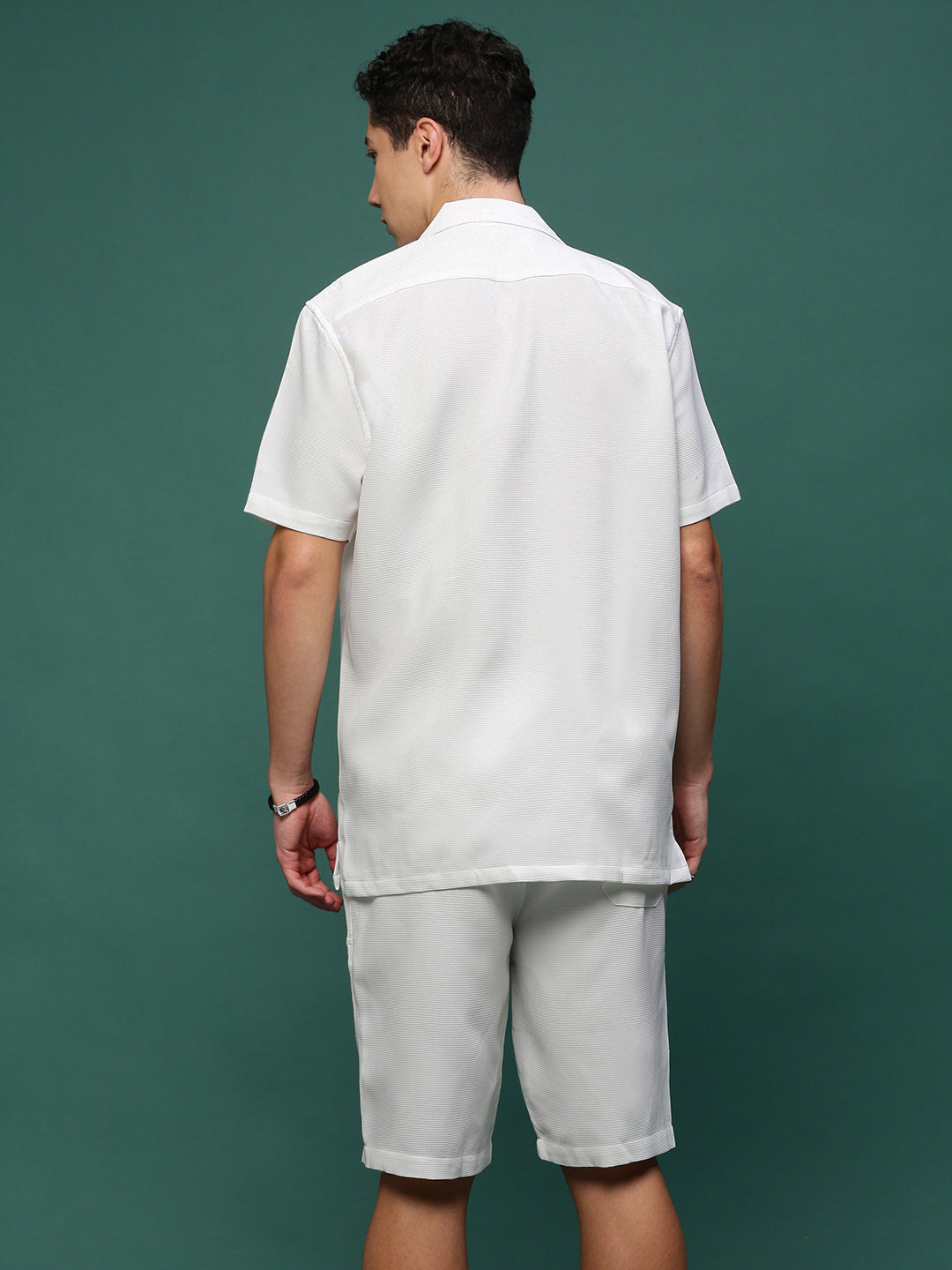 Men White Cuban Collar Solid Co Ords Set