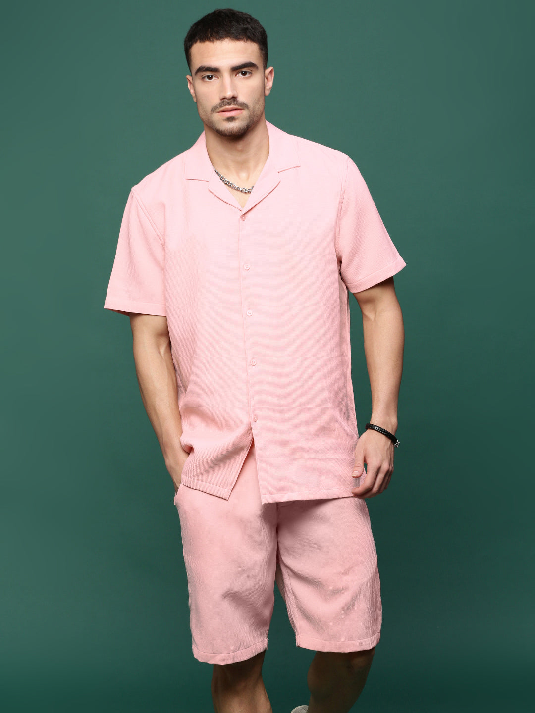 Men Pink Cuban Collar Solid Co Ords Set