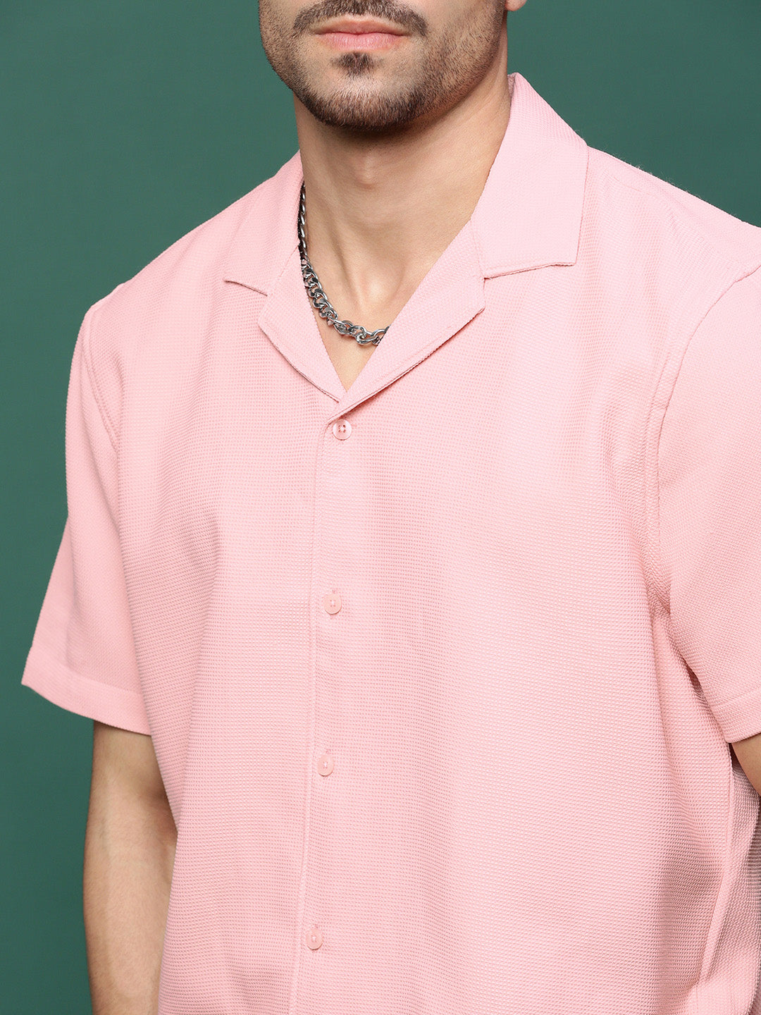 Men Pink Cuban Collar Solid Co Ords Set