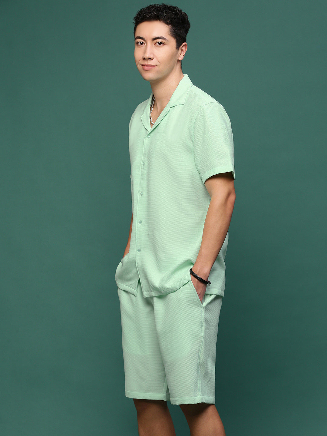 Men Sea Green Cuban Collar Solid Co Ords Set