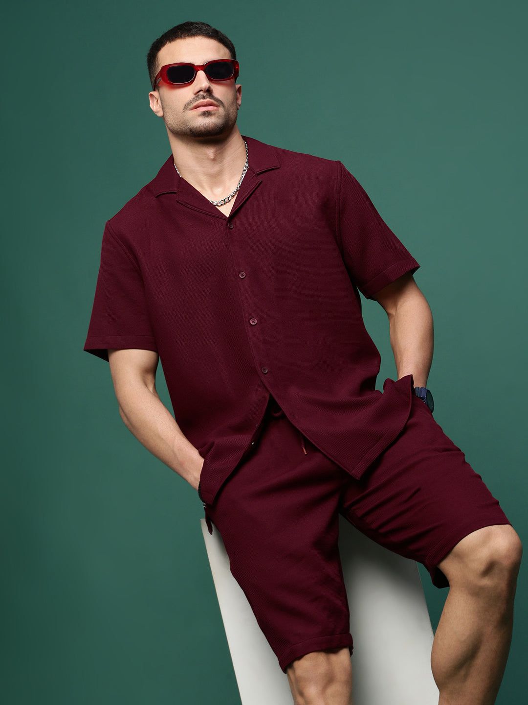 Men Maroon Cuban Collar Solid Co Ords Set