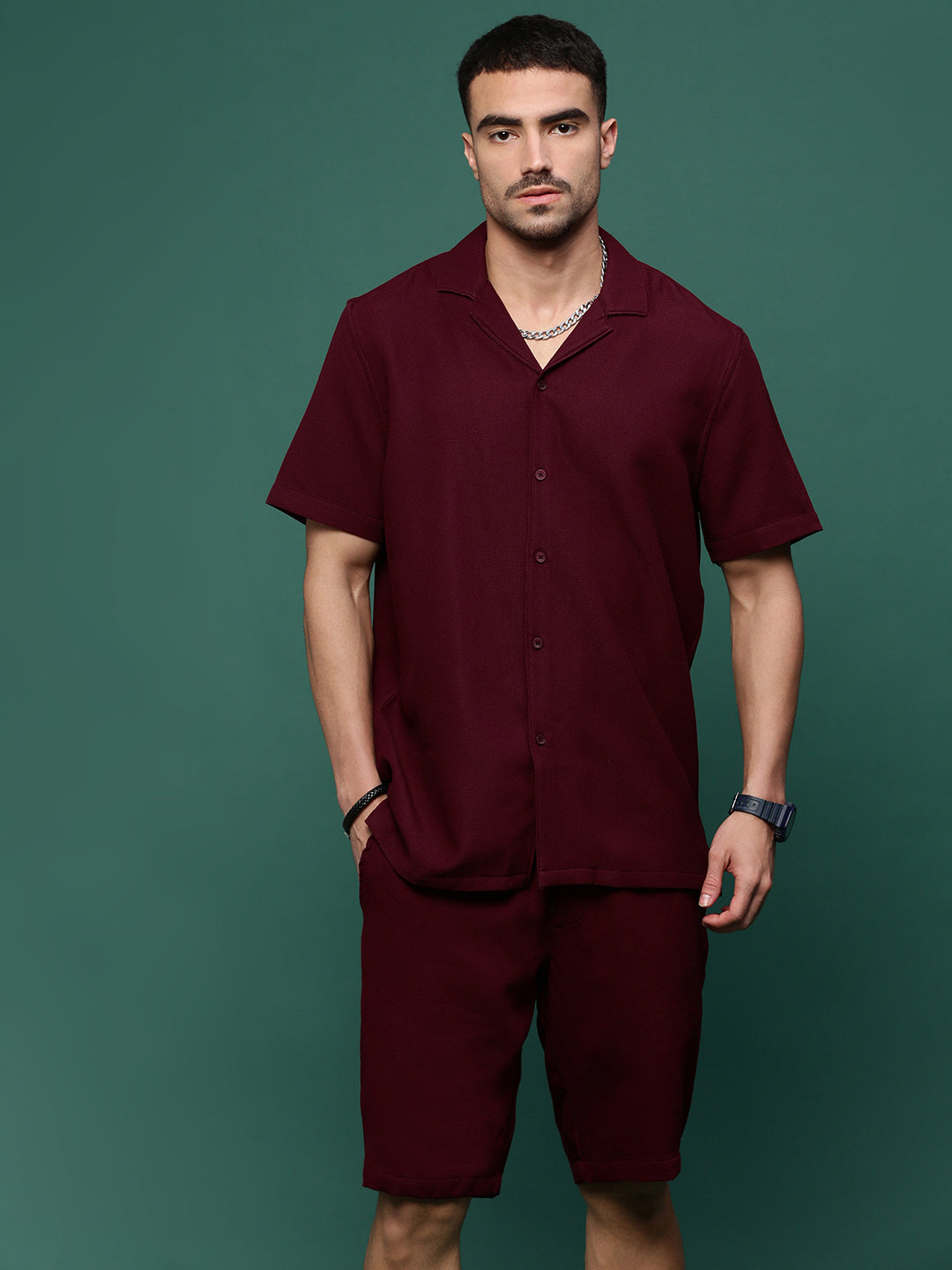 Men Maroon Cuban Collar Solid Co Ords Set