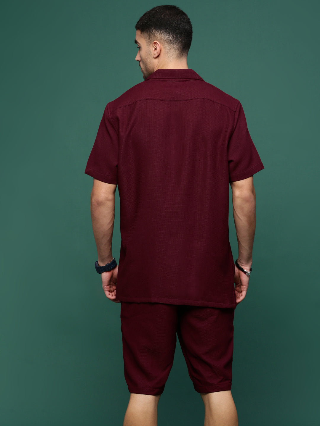 Men Maroon Cuban Collar Solid Co Ords Set