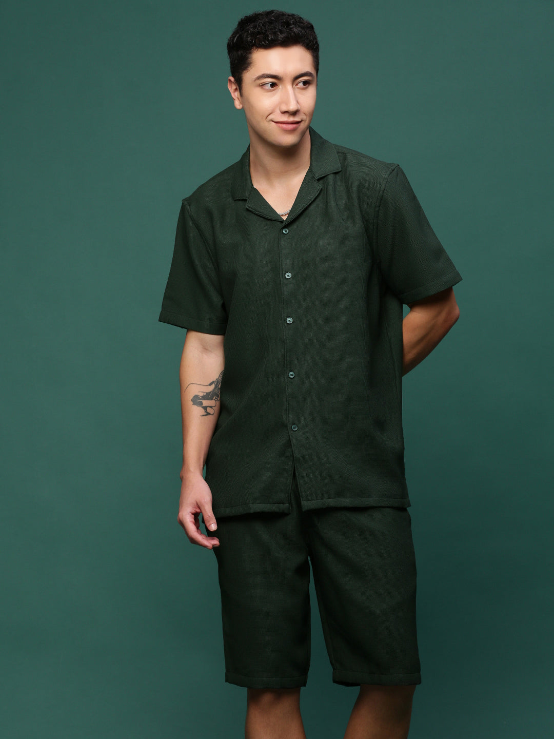 Men Green Cuban Collar Solid Co Ords Set