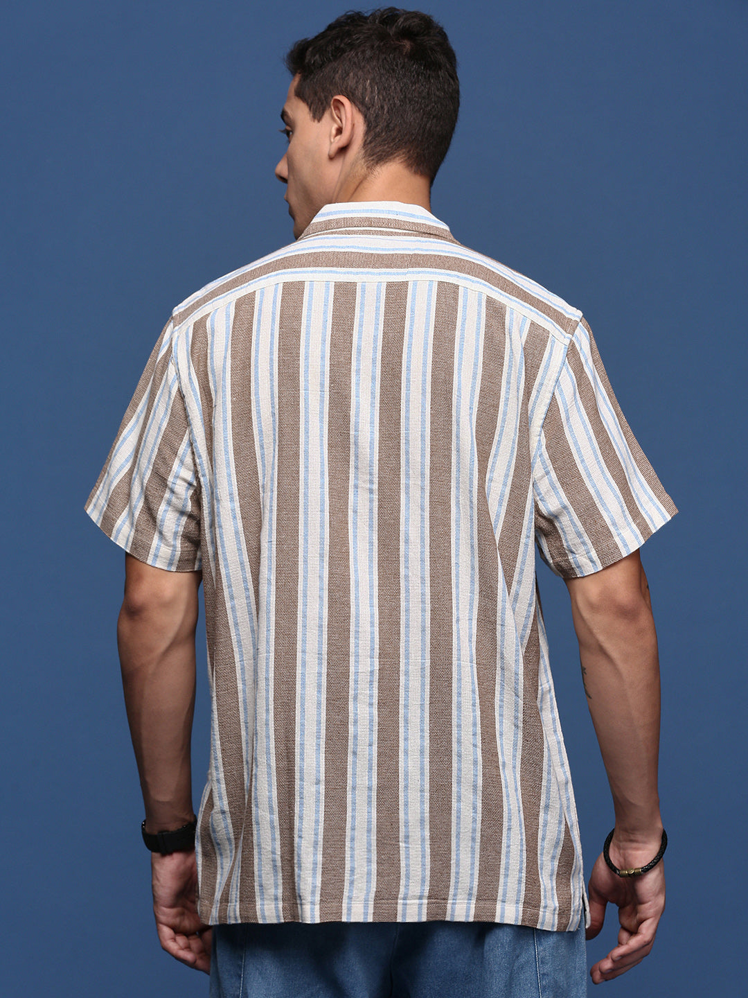 Men Cuban Collar Striped Brown Relaxed Fit Shirt