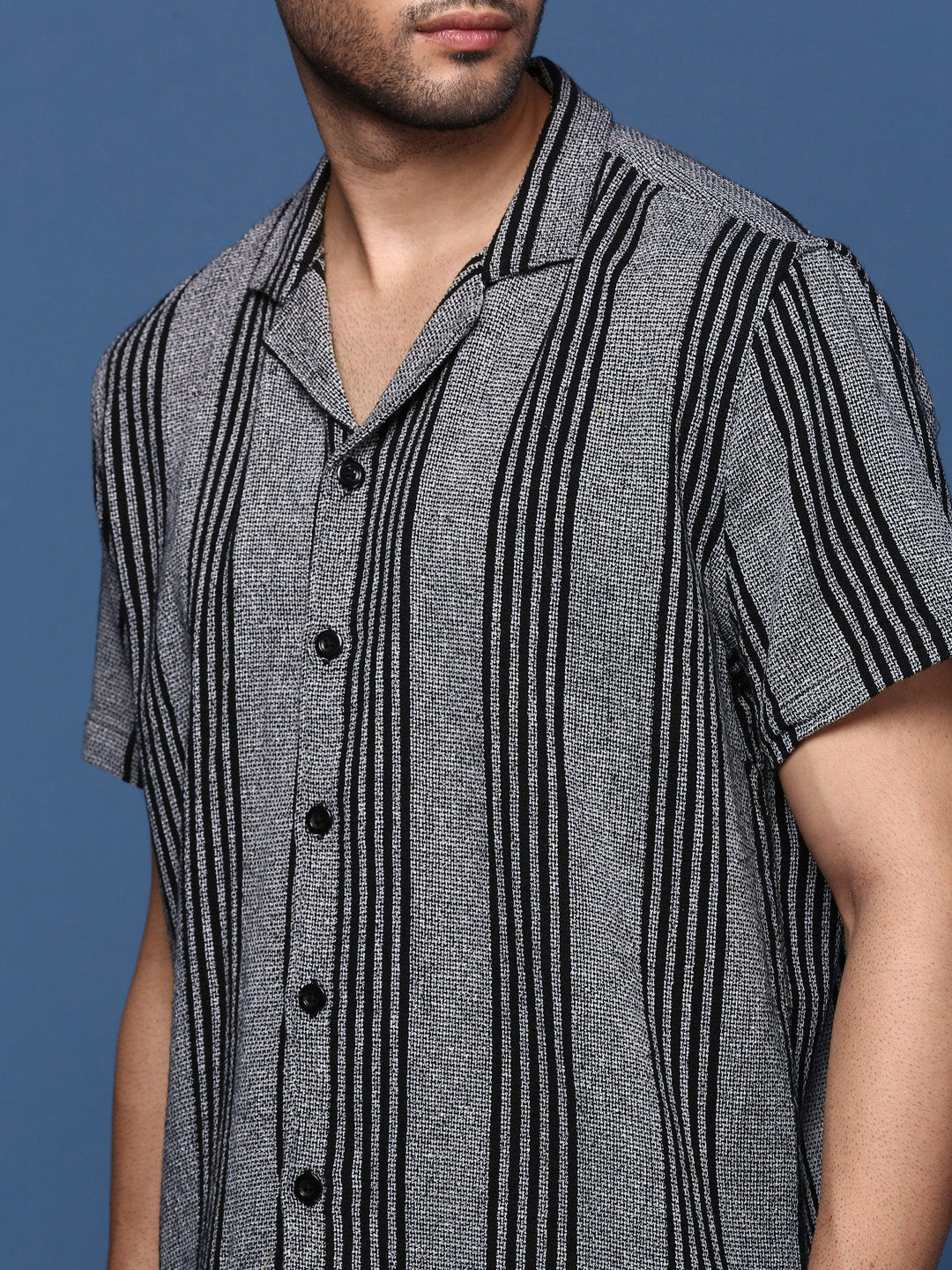 Men Cuban Collar Striped Grey Relaxed Fit Shirt