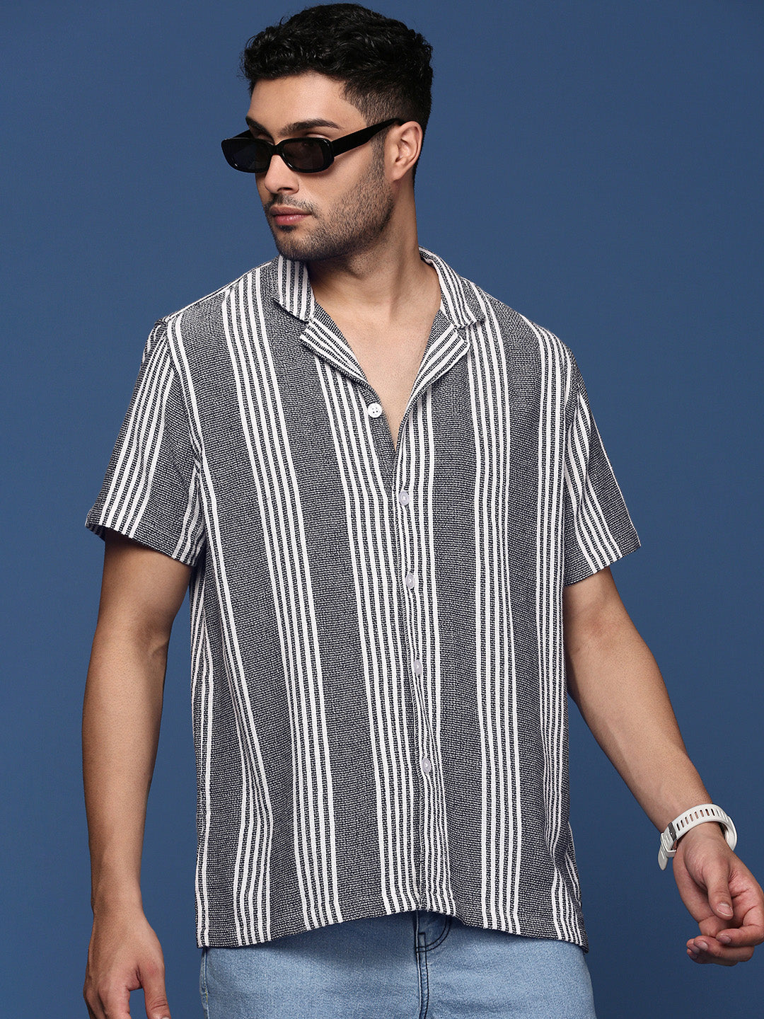 Men Cuban Collar Striped Black Relaxed Fit Shirt