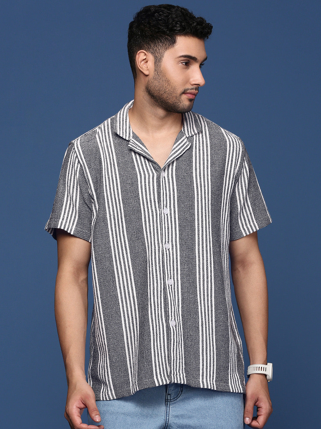 Men Cuban Collar Striped Black Relaxed Fit Shirt